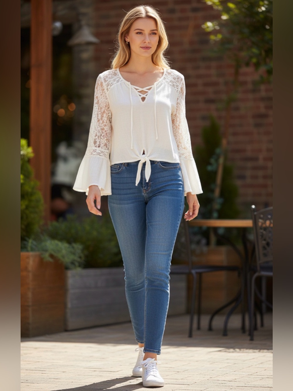 Mudd Women's Medium White Gauze Sheer Top Lace Bell Sleeve Tie Hem Y2K Grunge‎